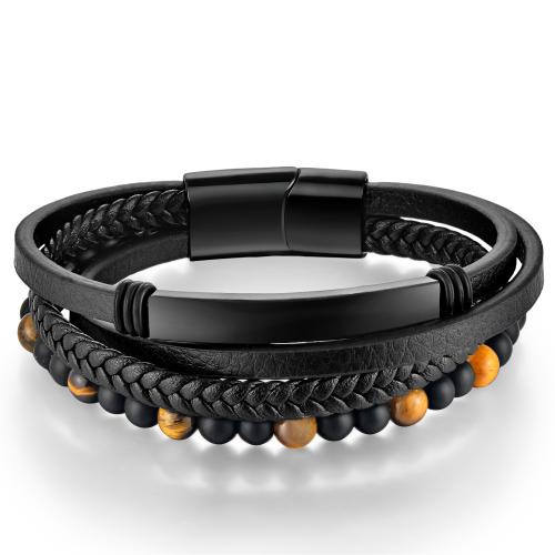 PU Leather Cord Bracelets 304 Stainless Steel with Abrazine Stone & Microfiber PU & Tiger Eye Unisex  Sold By PC
