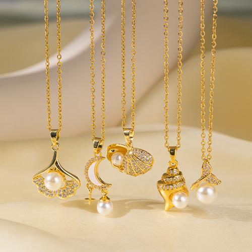 Titanstahl Halskette, mit Kunststoff Perlen & Messing, plattiert, verschiedene Stile für Wahl & Micro pave Zirkonia & für Frau, goldfarben, verkauft von PC