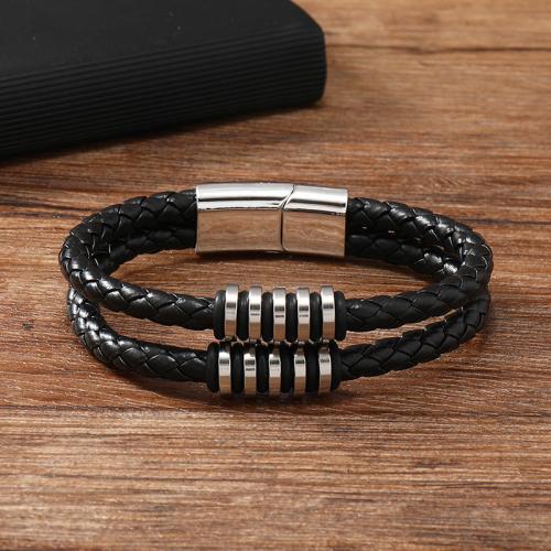 PU Leather Cord Bracelets Zinc Alloy with PU Leather & 304 Stainless Steel for man black Sold By PC