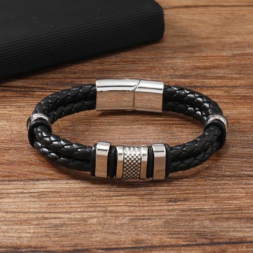 PU Leather Cord Bracelets, Tibetan Style, with Magnet & PU Leather, plated, for man, black, Sold By PC