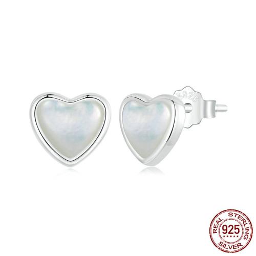 فضة 925 مسمار حلق, مع شل الأبيض, قلب, البلاتين مطلي, مجوهرات الموضة & للمرأة, 8x7mm, تباع بواسطة زوج