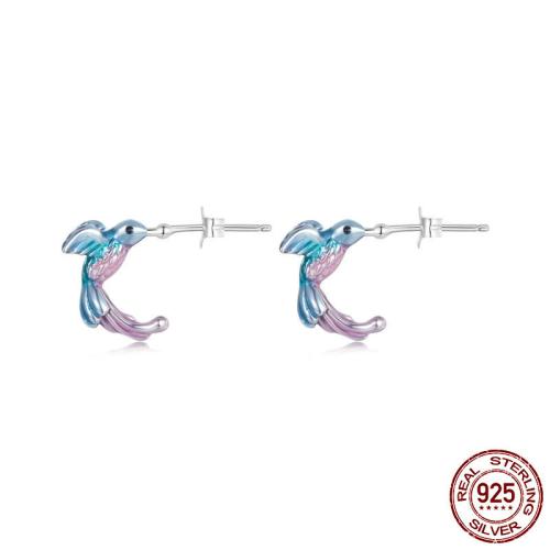 925 Sterling Silver Stud Earring Bird platinum plated for woman & enamel Sold By Pair