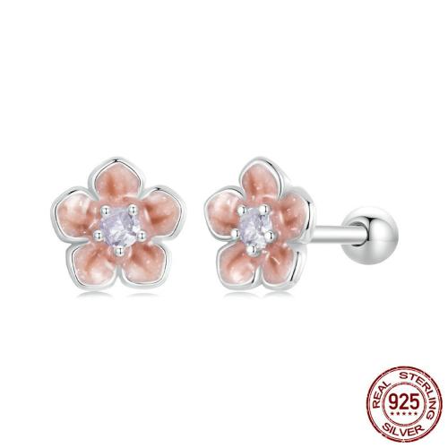925 Sterling Silver Stud Earring Flower platinum plated for woman & enamel 7mm Sold By Pair