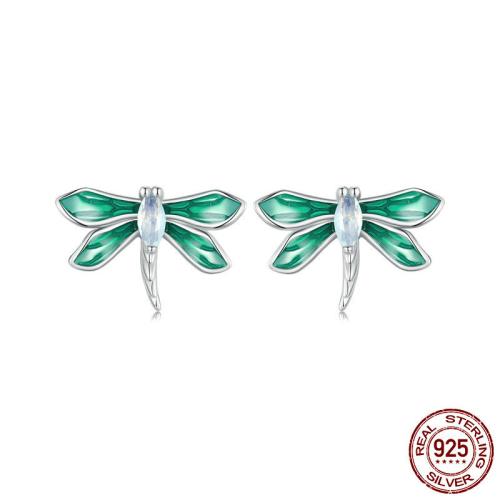 925 Sterling Silver Stud Earring with Opal Dragonfly platinum plated for woman & enamel Sold By Pair