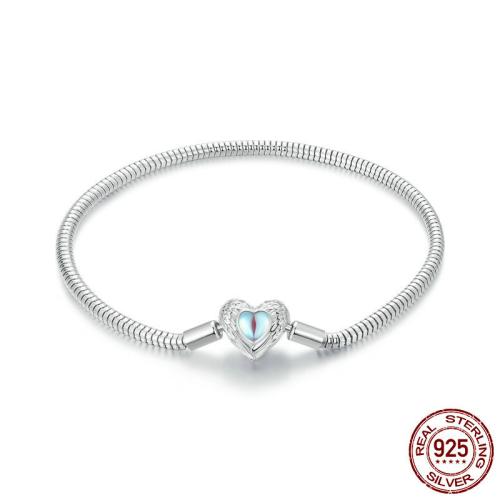 925 Sterling Silver Bracelet with Moonstone Heart platinum plated & snake chain & for woman Sold By PC