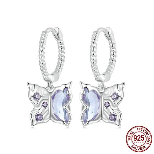 925 Sterling Silver Huggie Hoop Drop Earring, with Glass, Butterfly, platinum plated, micro pave cubic zirconia & for woman, 10x22mm, Sold By Pair