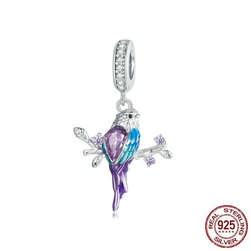 Cubic Zirconia Micro Pave 925 Sterling Silver Pendant, Bird, platinum plated, DIY & micro pave cubic zirconia & enamel, 18x30mm, Hole:Approx 4.5mm, Sold By PC