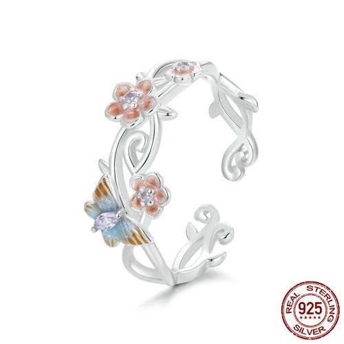 925 Sterling Silver Cuff Finger Ring Flower platinum plated micro pave cubic zirconia & for woman & enamel US Ring Sold By PC