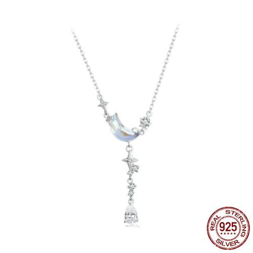 925 Sterling Silver Necklace with Glass with 1.97inch extender chain Moon and Star platinum plated oval chain & micro pave cubic zirconia & for woman Length Approx 15.75 Inch Sold By PC