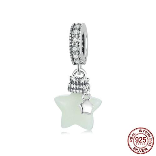 Cubic Zirconia Micro Pave 925 Sterling Silver Pendant, with Night-Light Stone, Star, platinum plated, DIY & micro pave cubic zirconia & luminated, 10x22mm, Hole:Approx 4.5mm, Sold By PC