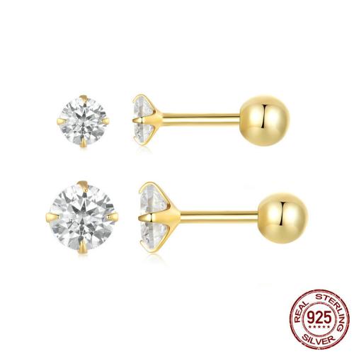 925 Sterling Silver Stud Earring, gold color plated, different size for choice & micro pave cubic zirconia & for woman, Sold By Pair