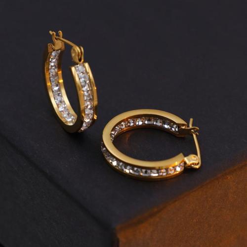 Titanium Steel  Earring, fashion jewelry & micro pave cubic zirconia & for woman, golden, 20mm, Sold By Pair