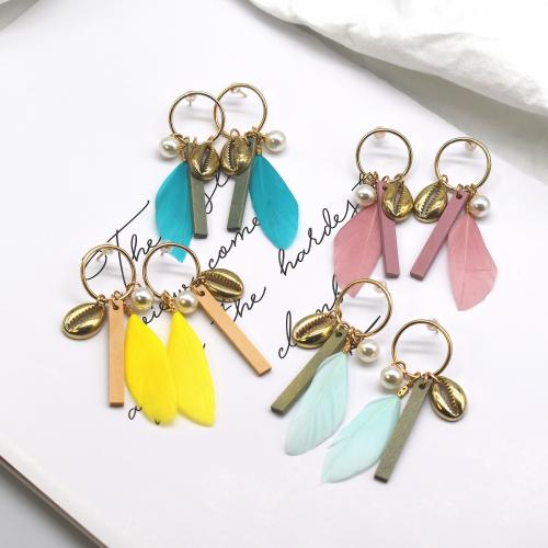 Fashion Feather Earring, with Wood & Plastic Pearl & Tibetan Style & Acrylic, gold color plated, fashion jewelry & for woman, more colors for choice, 20x70mm, Sold By Pair