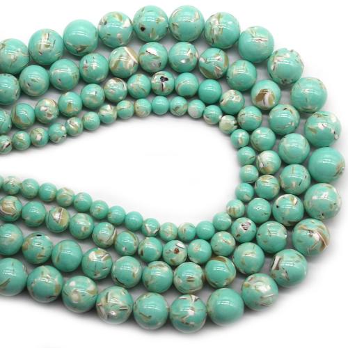 Türkis Perlen, Synthetische Türkis, mit Muschel, rund, poliert, Modeschmuck & DIY & verschiedene Größen vorhanden, hellgrün, verkauft per ca. 36 cm Strang
