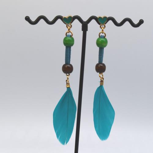 Fashion Feather Earring, with Velveteen & Wood & Tibetan Style, gold color plated, fashion jewelry & for woman & enamel, more colors for choice, 85mm, Sold By Pair