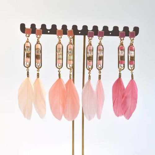 Fashion Feather Earring, with Crystal & Wood & Tibetan Style, gold color plated, fashion jewelry & for woman & enamel, more colors for choice, 15x85mm, Sold By Pair