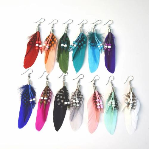 Fashion Feather Earring, with Velveteen & Seedbead & Tibetan Style, silver color plated, fashion jewelry & for woman, more colors for choice, 15x110mm, Sold By Pair