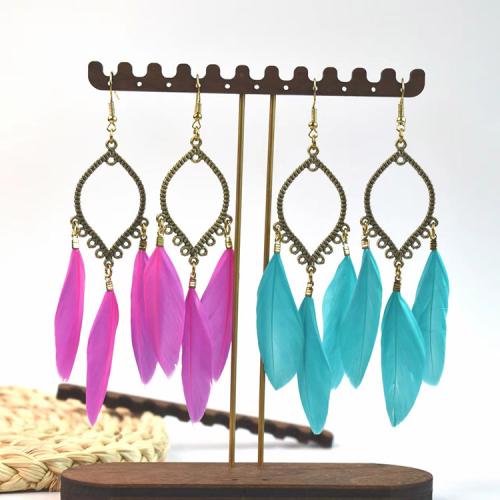 Fashion Feather Earring, with Tibetan Style, gold color plated, fashion jewelry & for woman, more colors for choice, 30x110mm, Sold By Pair
