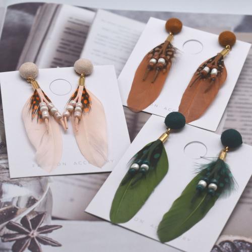 Fashion Feather Earring, with Velveteen & Seedbead & Tibetan Style, gold color plated, fashion jewelry & for woman, more colors for choice, 55mm, Sold By Pair