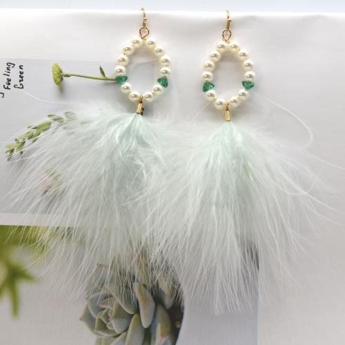 Fashion Feather Earring, with Crystal & Plastic Pearl, fashion jewelry & for woman, more colors for choice, Length about 80-90mm, Sold By Pair