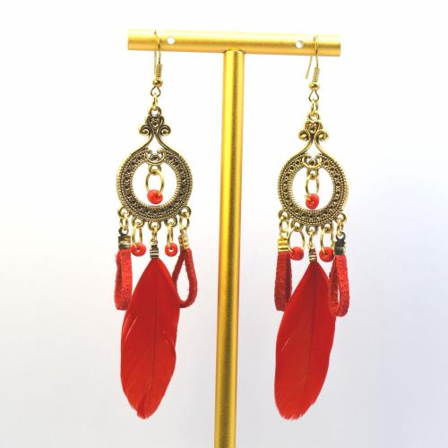 Fashion Feather Earring with Velveteen & Seedbead & Zinc Alloy gold color plated fashion jewelry & for woman Sold By Pair