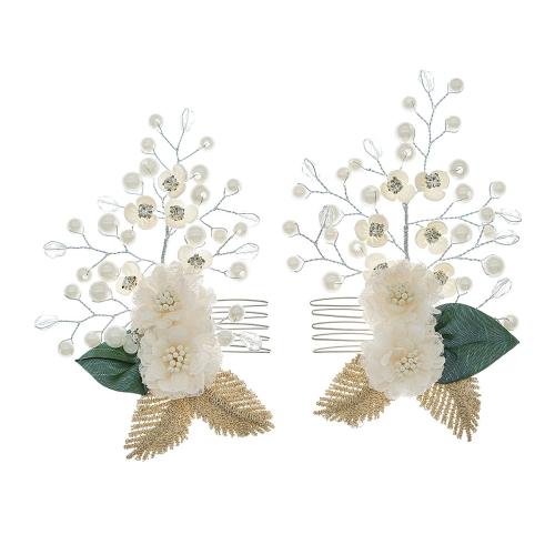 Decorative Hair Combs, Tibetan Style, with Crystal & Plastic Pearl, fashion jewelry & for woman, golden, 85x130mm, Sold By Pair