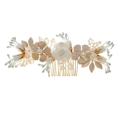 Decorative Hair Combs, Tibetan Style, with Polymer Clay & Plastic Pearl, fashion jewelry & for woman, golden, 150x60mm, Sold By PC