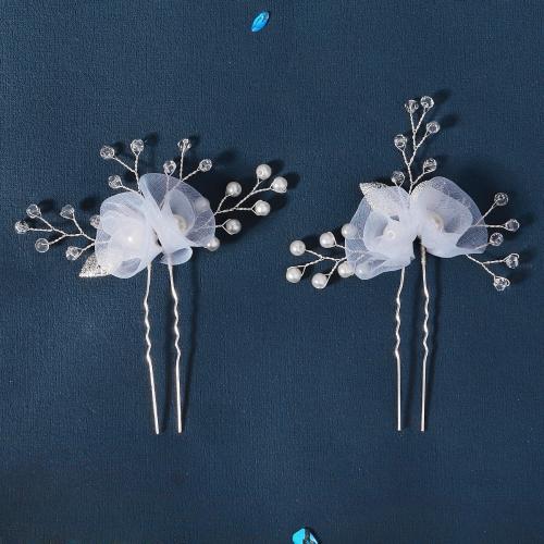 Hair Stick Zinc Alloy with Crystal & Plastic Pearl 2 pieces & fashion jewelry & for woman silver color Sold By Set