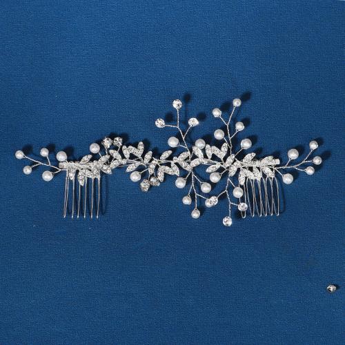 Peignes décoratifs, alliage de zinc, avec perle de plastique, bijoux de mode & pour femme & avec strass, argent, 180x75mm, Vendu par PC