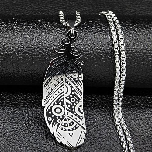 Stainless Steel Jewelry Necklace, 304 Stainless Steel, Feather, polished, fashion jewelry & Unisex, silver color, 58x18mm, Length:Approx 50 cm, Sold By PC