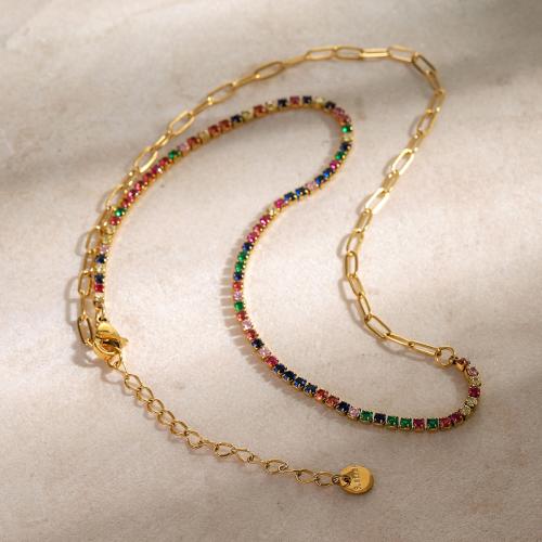 Edelstahl Schmuck Halskette, 304 Edelstahl, mit Verlängerungskettchen von 5.5cm, Modeschmuck & für Frau & mit Strass, goldfarben, 3mm, Länge ca. 41 cm, verkauft von PC