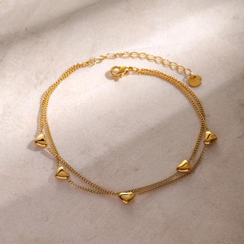 Stainless Steel Anklet 304 Stainless Steel with 5cm extender chain Heart Vacuum Ion Plating Double Layer & fashion jewelry & for woman golden Length Approx 21 cm Sold By PC