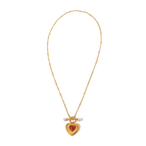 Stainless Steel Jewelry Necklace, 304 Stainless Steel, with Red Agate, Heart, 18K gold plated, fashion jewelry & for woman, golden, 20.60mm, Length:Approx 40 cm, Sold By PC