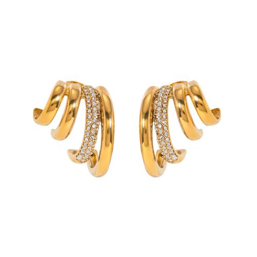 Stainless Steel Stud Earrings, 304 Stainless Steel, 18K gold plated, fashion jewelry & for woman & with rhinestone, golden, 25.50x24mm, Sold By Pair