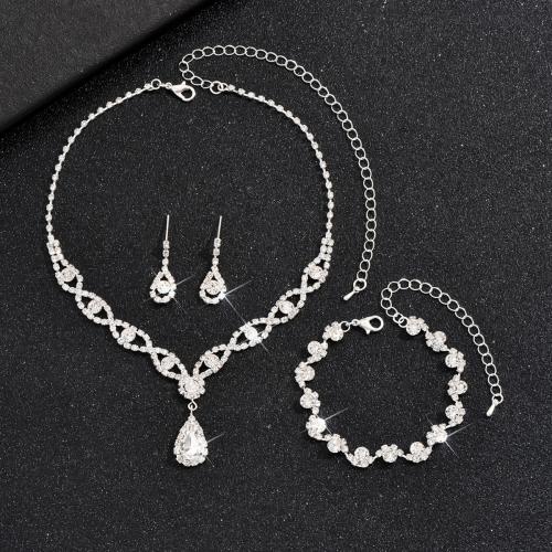Tibetan Style Jewelry Sets, bracelet & earring & necklace, silver color plated, three pieces & for woman & with rhinestone, more colors for choice, nickel, lead & cadmium free, Sold By Set