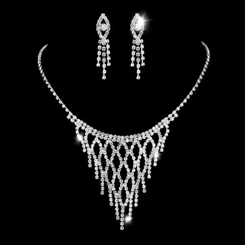 Conjuntos de joyería de aleación de zinc, pendiente & collar, chapado en color de plata, 2 piezas & para mujer & con diamantes de imitación, libre de níquel, plomo & cadmio, Vendido por Set