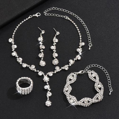 Zinc Alloy Jewelry Sets finger ring & bracelet & earring & necklace plated Hidden Pendant & 4 pieces & for woman & with rhinestone nickel lead & cadmium free Sold By Set