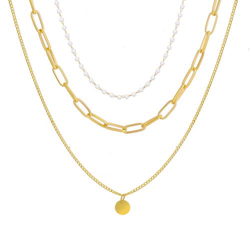 Zinc Alloy smykker halskæde, med Plastic Pearl, tre lag & mode smykker & for kvinde, guld, Solgt af PC