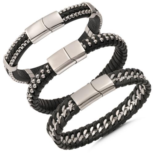 Bracelets cordon PU, cuir PU, avec Aimant & Acier inoxydable 304, styles différents pour le choix & pour homme, couleur originale, Vendu par PC