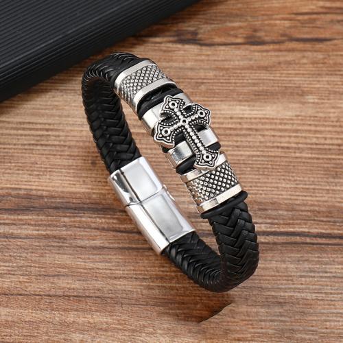 PU Leather Cord Bracelets, Tibetan Style, with PU Leather, for man, black, Sold By PC
