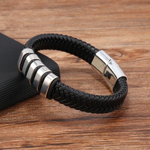 PU Leather Cord Bracelets Zinc Alloy with Magnet & PU Leather & 304 Stainless Steel for man black Sold By PC