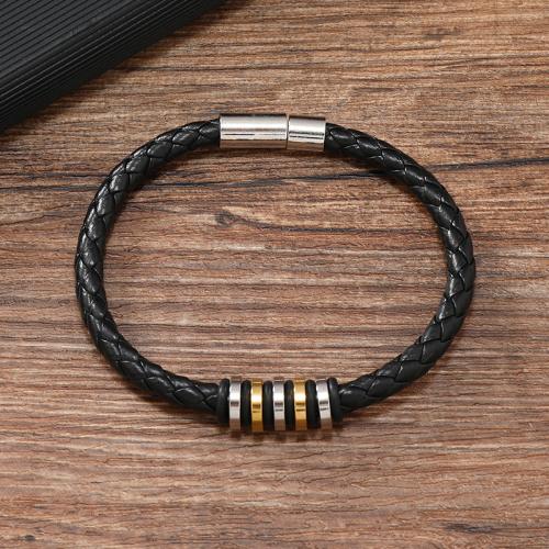 PU Leather Cord Bracelets, Tibetan Style, with PU Leather & 304 Stainless Steel, for man, black and brown, Sold By PC