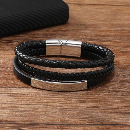 Bracelets cordon PU, alliage de zinc, avec cuir PU & Acier inoxydable 304, pour homme, noire, Vendu par PC