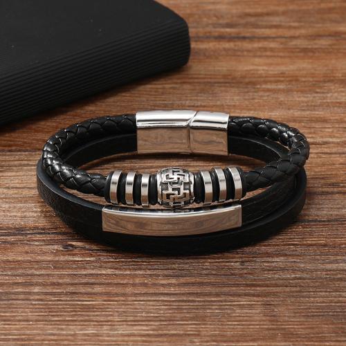 PU Leather Cord Bracelets, Tibetan Style, with Magnet & PU Leather & 304 Stainless Steel, for man, black, Sold By PC