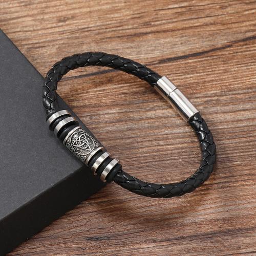 PU Leather Cord Bracelets Zinc Alloy with PU Leather & 304 Stainless Steel handmade punk style & for man black Sold By PC