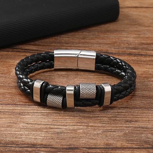 PU Leather Cord Bracelets Zinc Alloy with Magnet & PU Leather & 304 Stainless Steel plated for man black and brown Sold By PC