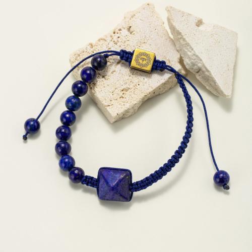 Bracelets de lapis-lazuli naturel, Lapis lazuli, avec Cordon de noeud & alliage de zinc, Pyramidal, Placage de couleur d'or, Réglable & bijoux de mode & unisexe, couleur de lapis-lazuli, 12mm, Vendu par PC