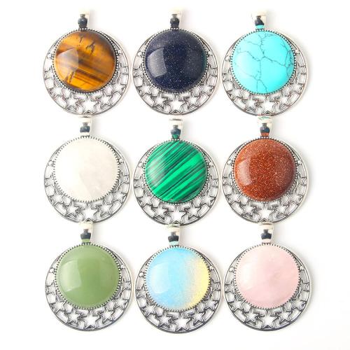 Gemstone Pendants Jewelry with Zinc Alloy Flat Round silver color plated fashion jewelry & DIY & hollow Sold By PC