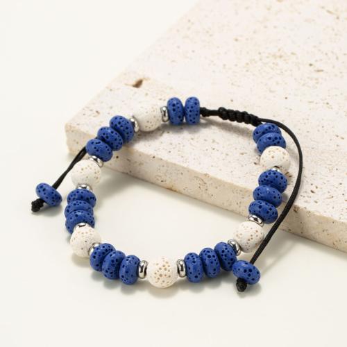 Gemstone Bracelets Lava with Knot Cord & 304 Stainless Steel Round Adjustable & fashion jewelry & Unisex mixed colors Sold By PC