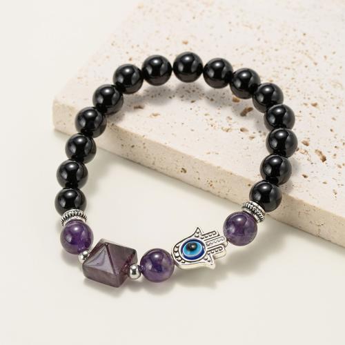 Gemstone Bracelets Obsidian with Amethyst & Resin & Zinc Alloy Pyramidal silver color plated fashion jewelry & Unisex mixed colors Sold By PC